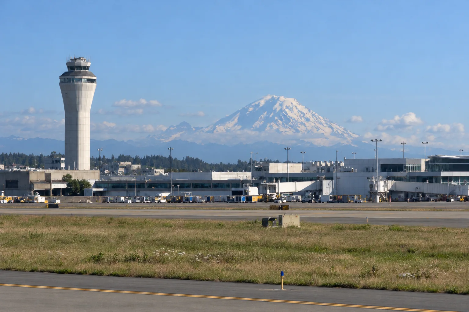 The Seattle-Tacoma airport control tower with Mount Rainier behind it.