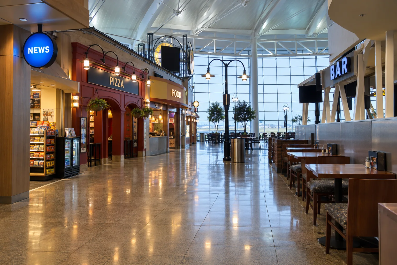 An empty concourse corridor with restaurants, a sports bar and a shop under a tall glass wall.