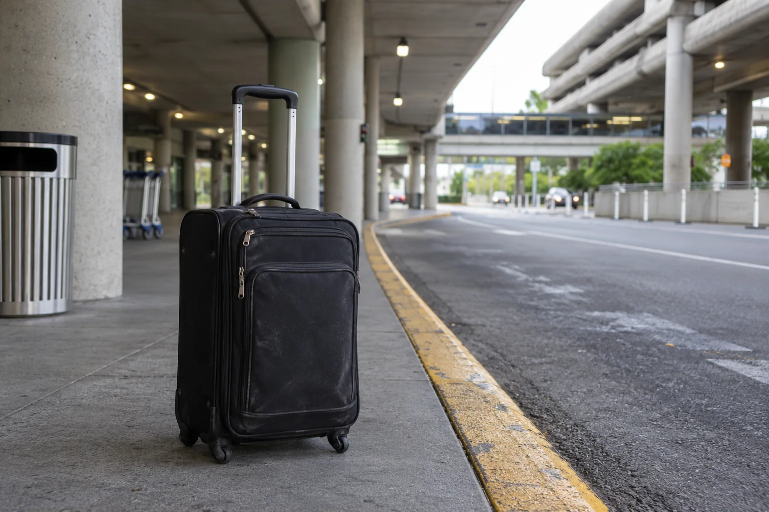 A suitcase standing on the covered bus curb under the parking garage at Seattle-Tacoma airport.
