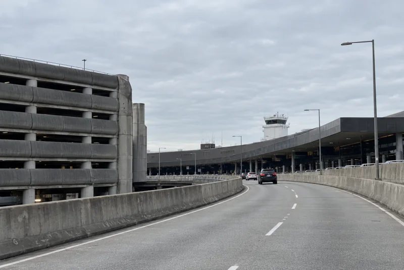 The elevated access roadway curving toward the terminal at Seattle-Tacoma airport.