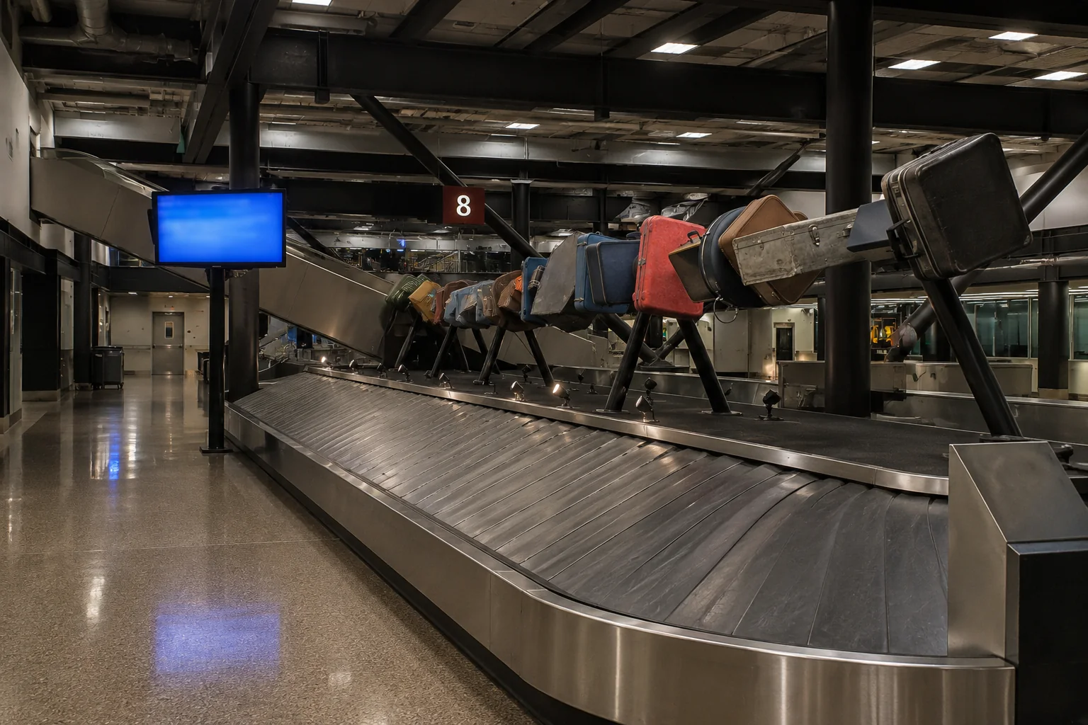 The quiet baggage claim hall late at night with an empty carousel and a suitcase sculpture above it.