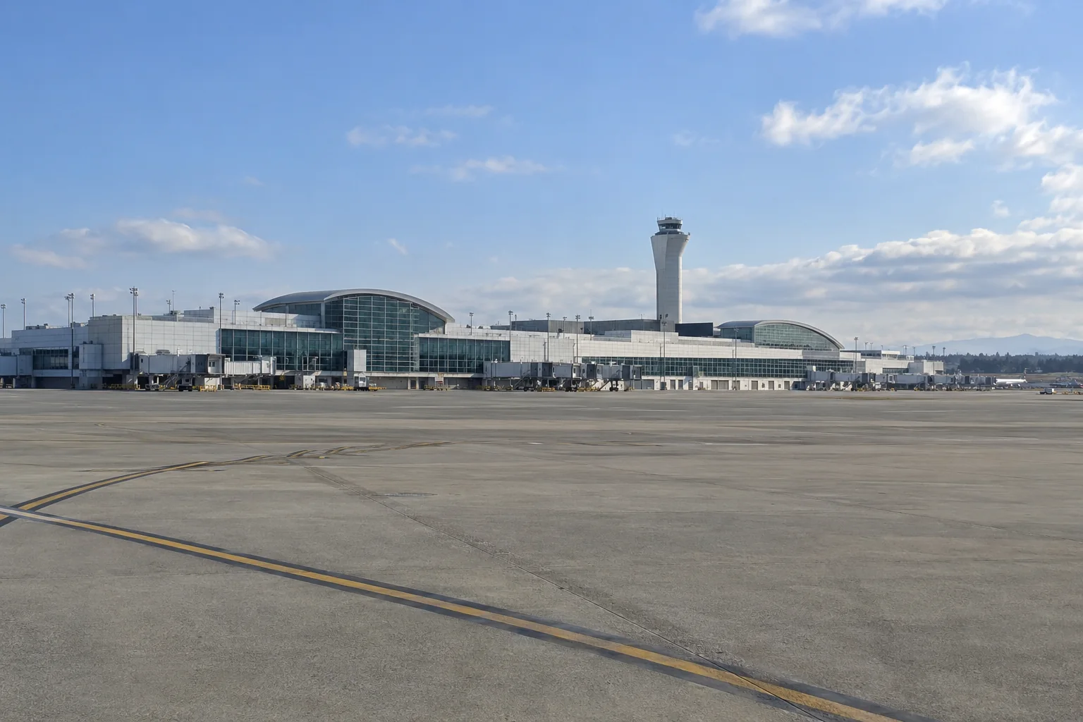 The main terminal and control tower at Seattle-Tacoma airport seen across the apron.