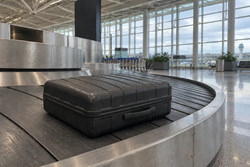 A dark hard-shell suitcase riding a steel baggage carousel at Seattle-Tacoma airport.