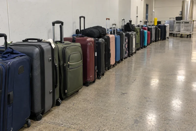 A long row of unclaimed suitcases of many colors lined up along a wall in the baggage service area at Seattle-Tacoma airport.