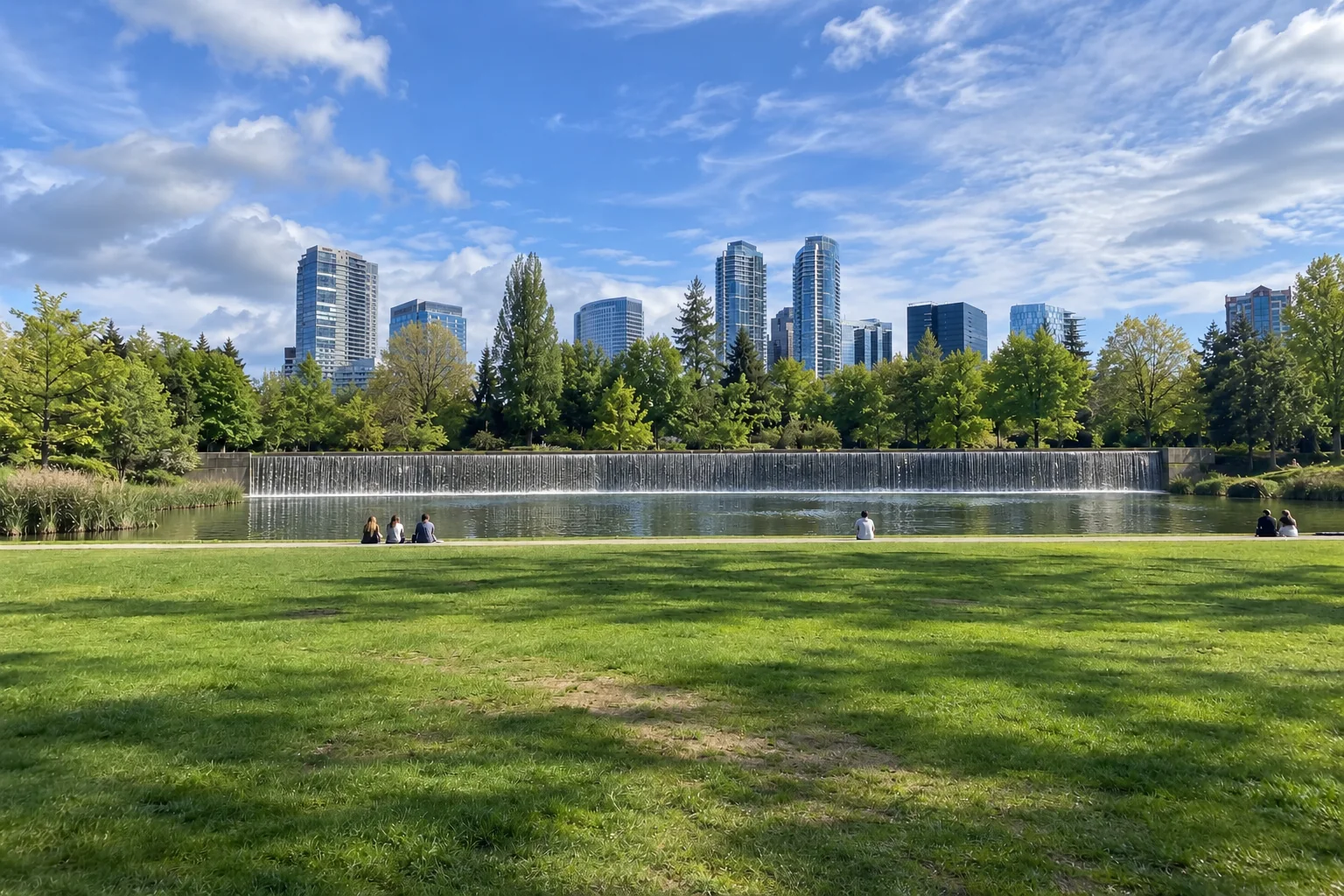 The lawn, the cascade wall and the glass towers above the trees in Downtown Park, Bellevue.