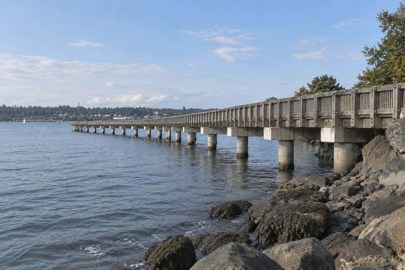 The Taylor Dock boardwalk at Fairhaven in Bellingham seen from the shore rocks beside calm water.