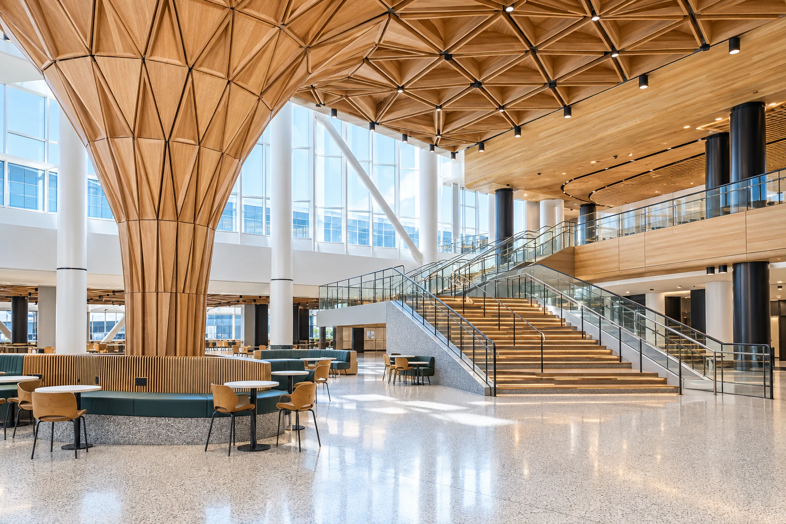 The Grand Stairs and faceted timber Tree at C inside SEA’s expanded C Concourse