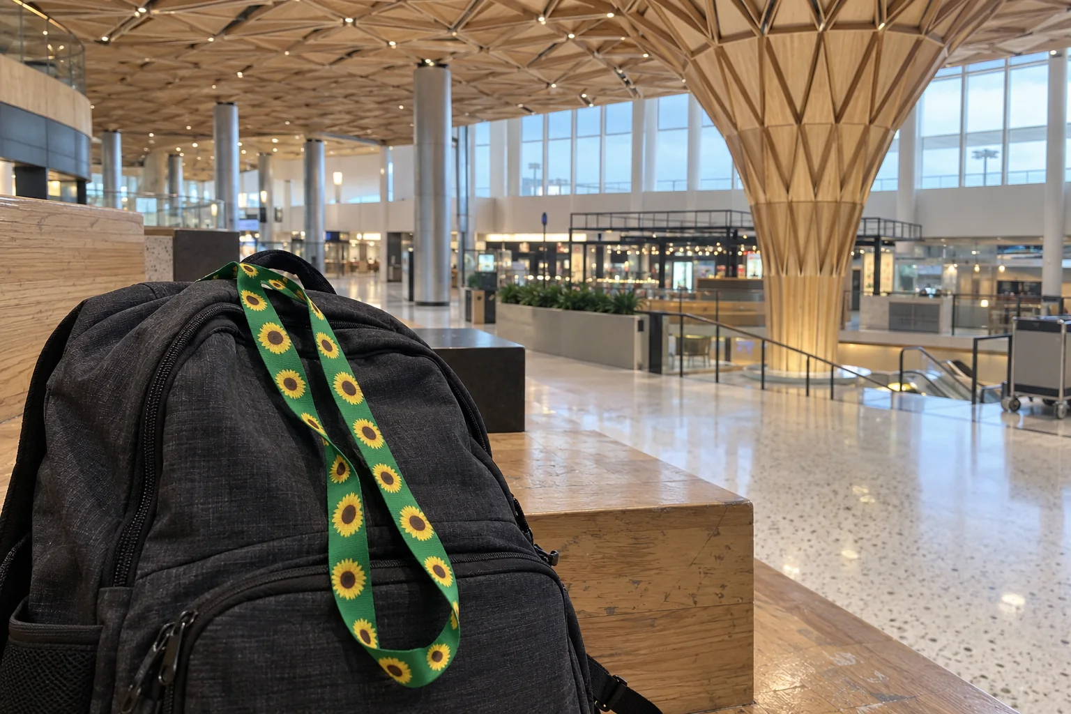 A green sunflower lanyard on a dark backpack resting on the timber steps of the Central Terminal at Seattle-Tacoma airport.