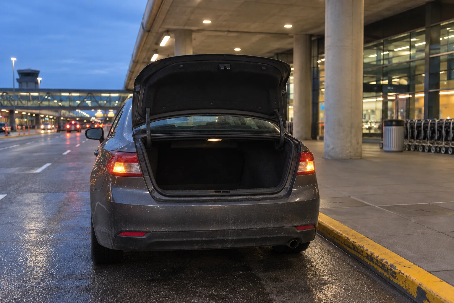 A car with its trunk open and hazard lights on at the arrivals curb at Seattle-Tacoma airport at dusk.
