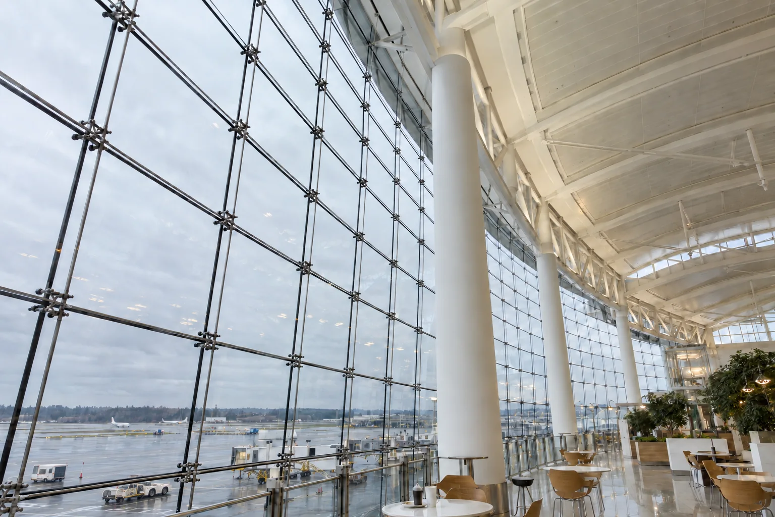 The tall curved glass wall and white arched roof of the Central Terminal hall at Seattle-Tacoma airport, seen from the floor beside a column.
