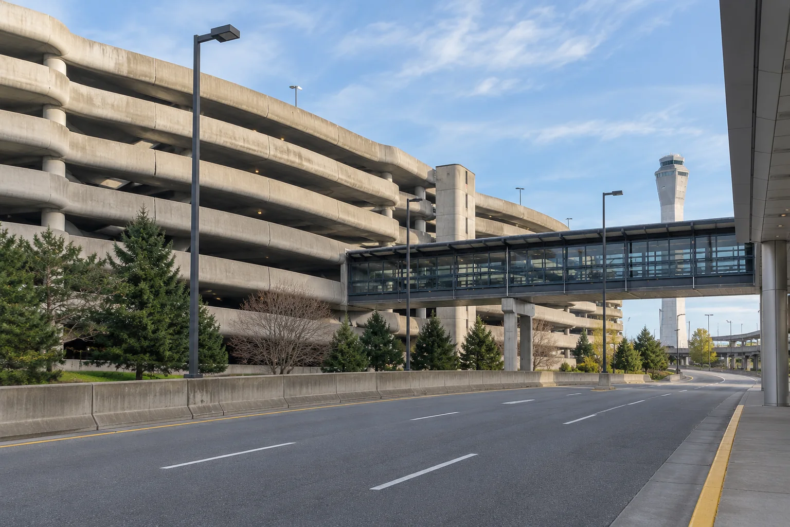 The curved concrete parking garage and covered skybridge at Seattle-Tacoma airport seen from the roadway.