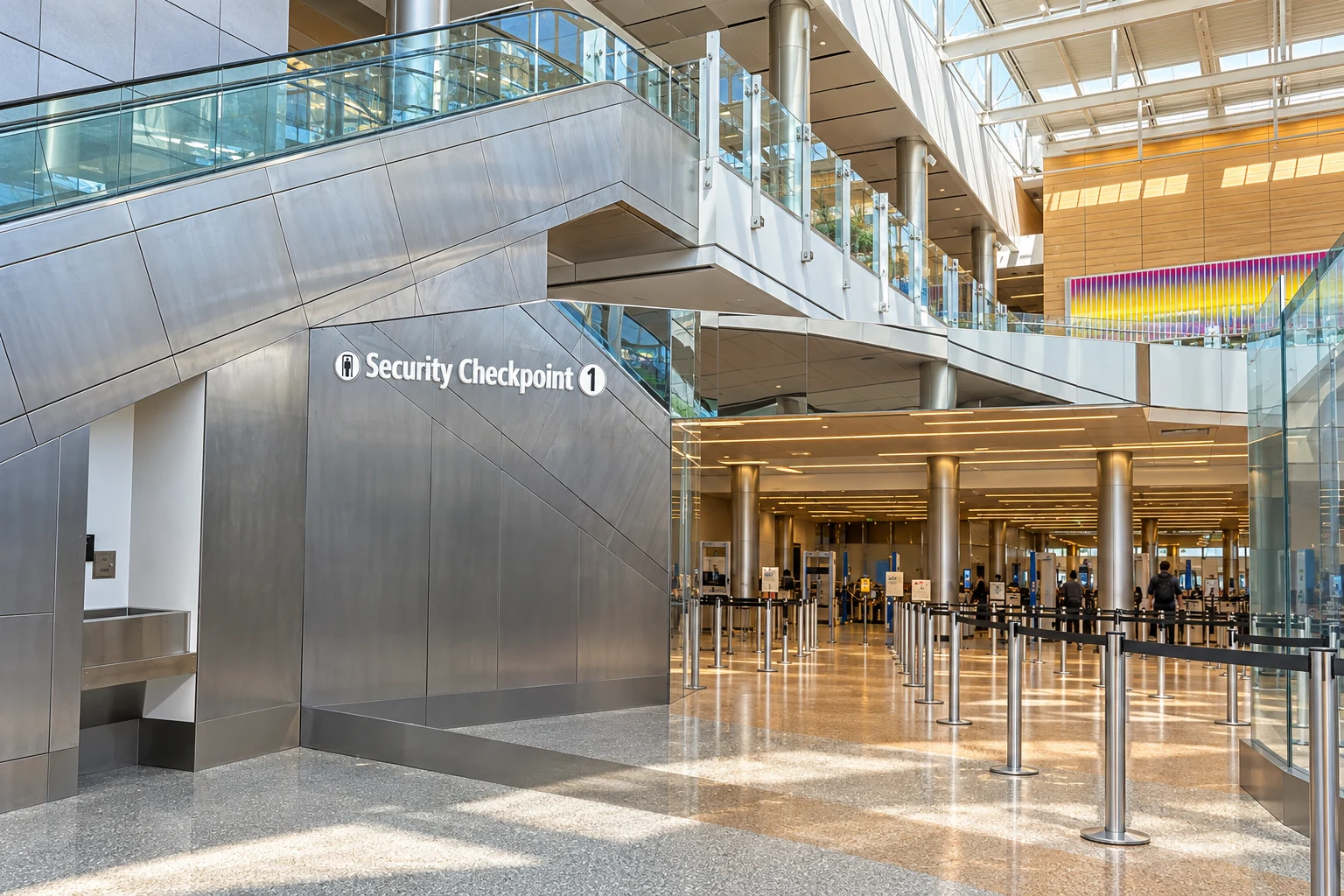 The glass and steel entrance to Security Checkpoint 1 in SEA’s Gina Marie Lindsey Arrivals Hall