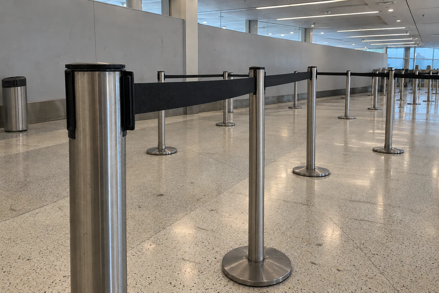 Retractable-belt stanchions forming an empty queue lane at a Seattle-Tacoma airport security checkpoint.