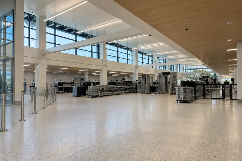 A wide security checkpoint hall with empty screening lanes under a white ceiling at Seattle-Tacoma airport.