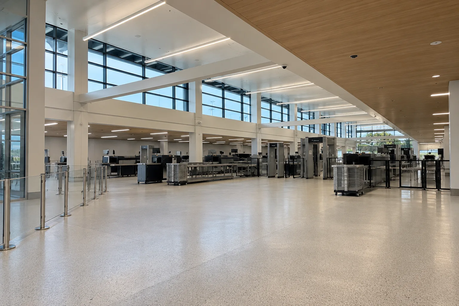 A wide security checkpoint hall with empty screening lanes under a white ceiling at Seattle-Tacoma airport.