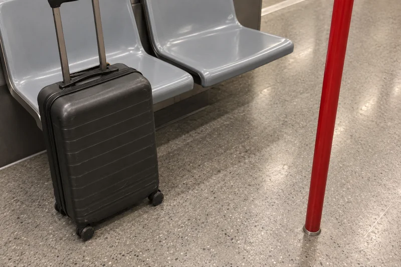 A carry-on suitcase beside a grey bench and a red grab pole inside an SEA Underground train car at Seattle-Tacoma airport.