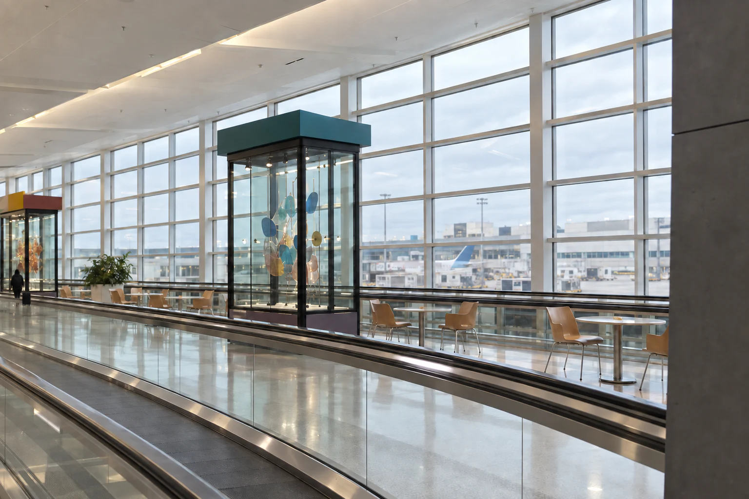 The moving walkway, art displays and window wall along SEA’s A Concourse