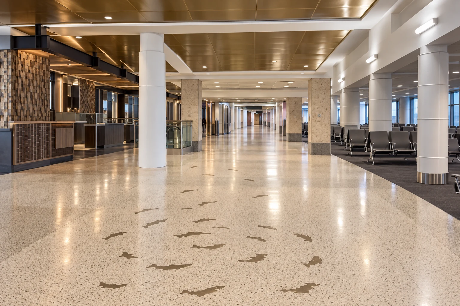 Bronze fish in the terrazzo floor leading through SEA’s B Concourse