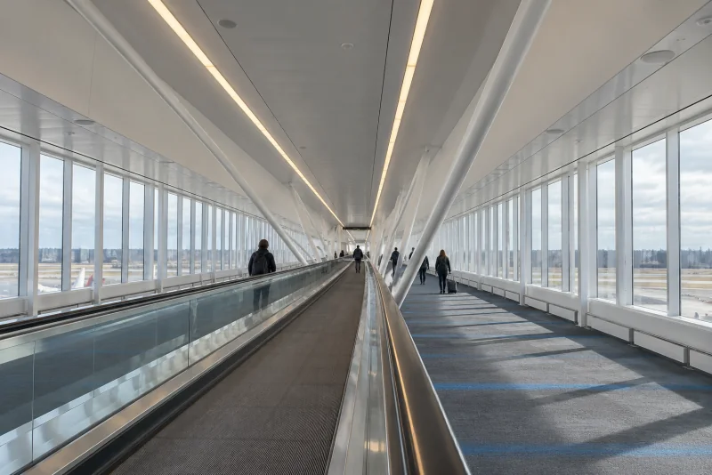 The long glass-sided moving walkway corridor at Seattle-Tacoma airport.