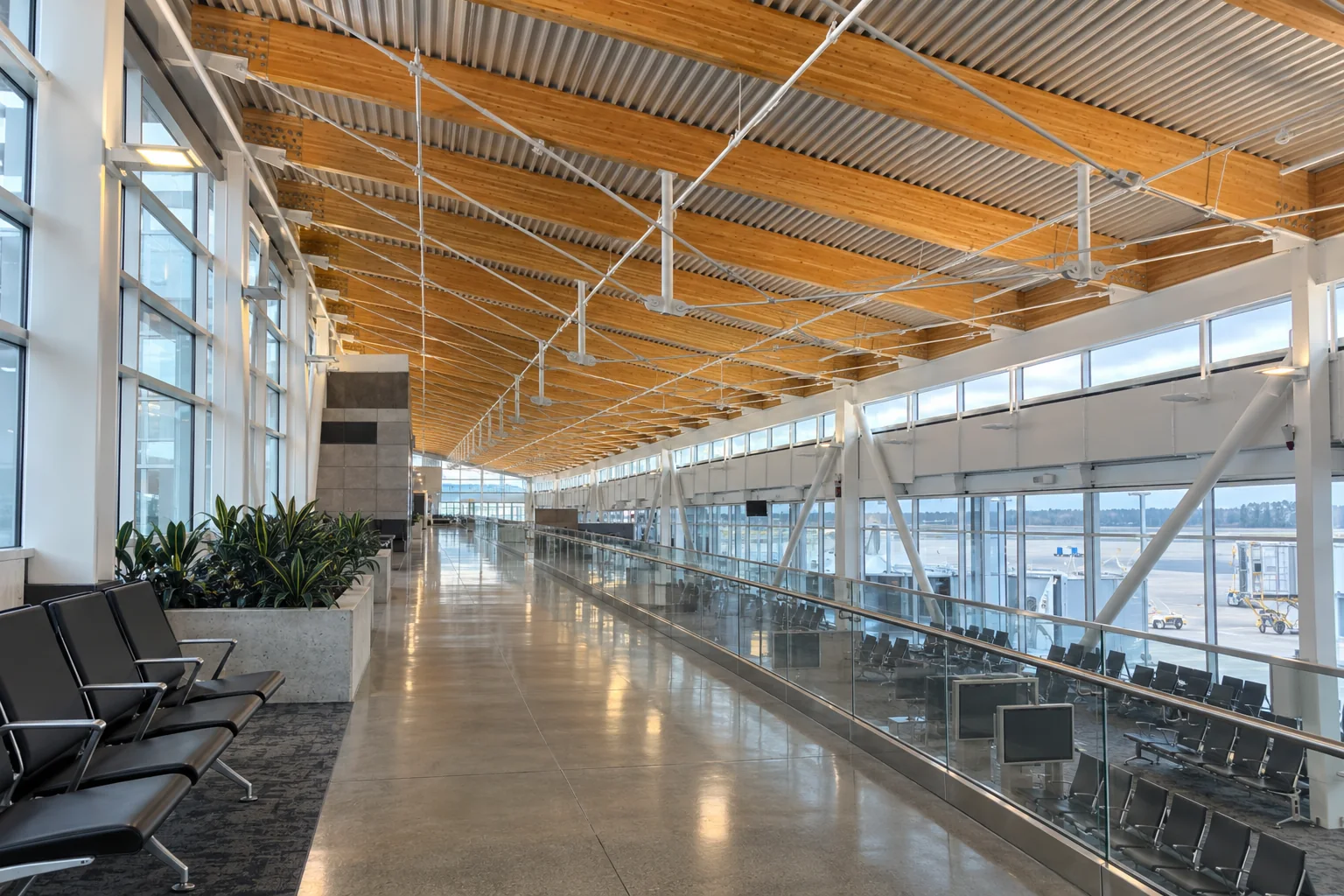 The long timber-roofed hall of the D Concourse Annex at Seattle-Tacoma airport.
