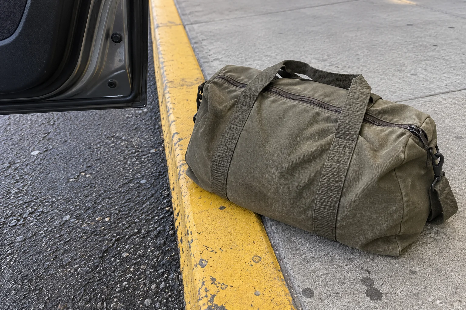 A duffel bag on the departures curb beside the open rear door of a parked car at Seattle-Tacoma airport.