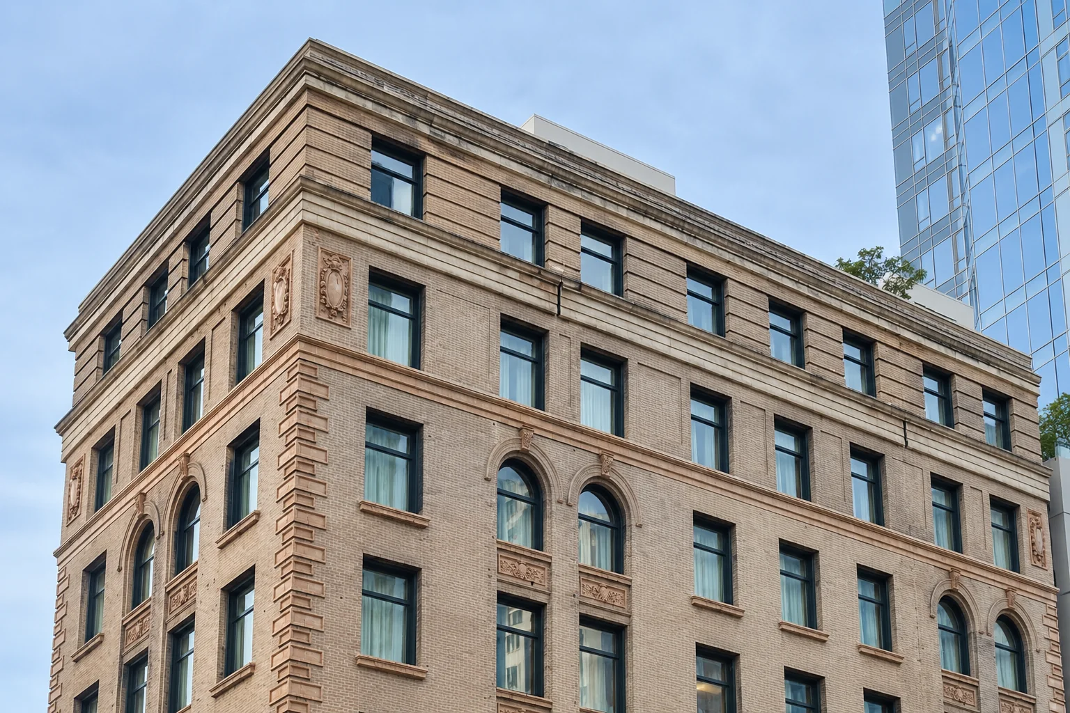 The upper floors of the State Hotel, a brick and stone building in downtown Seattle.