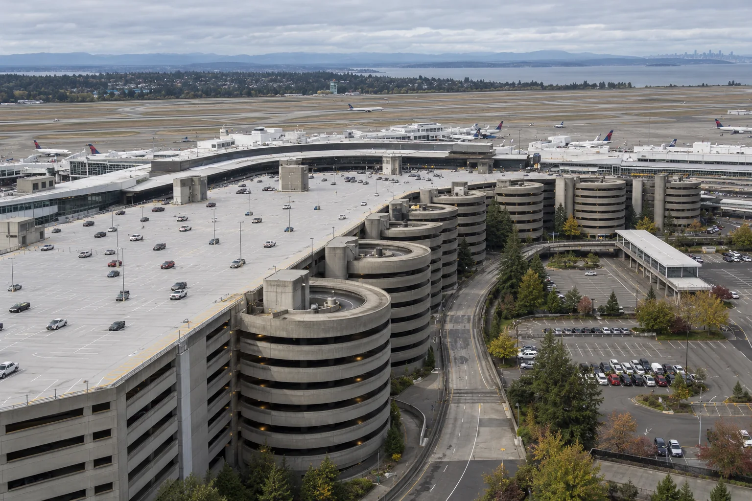 The roof deck and spiral ramp towers of the parking garage seen from above at Seattle-Tacoma airport.