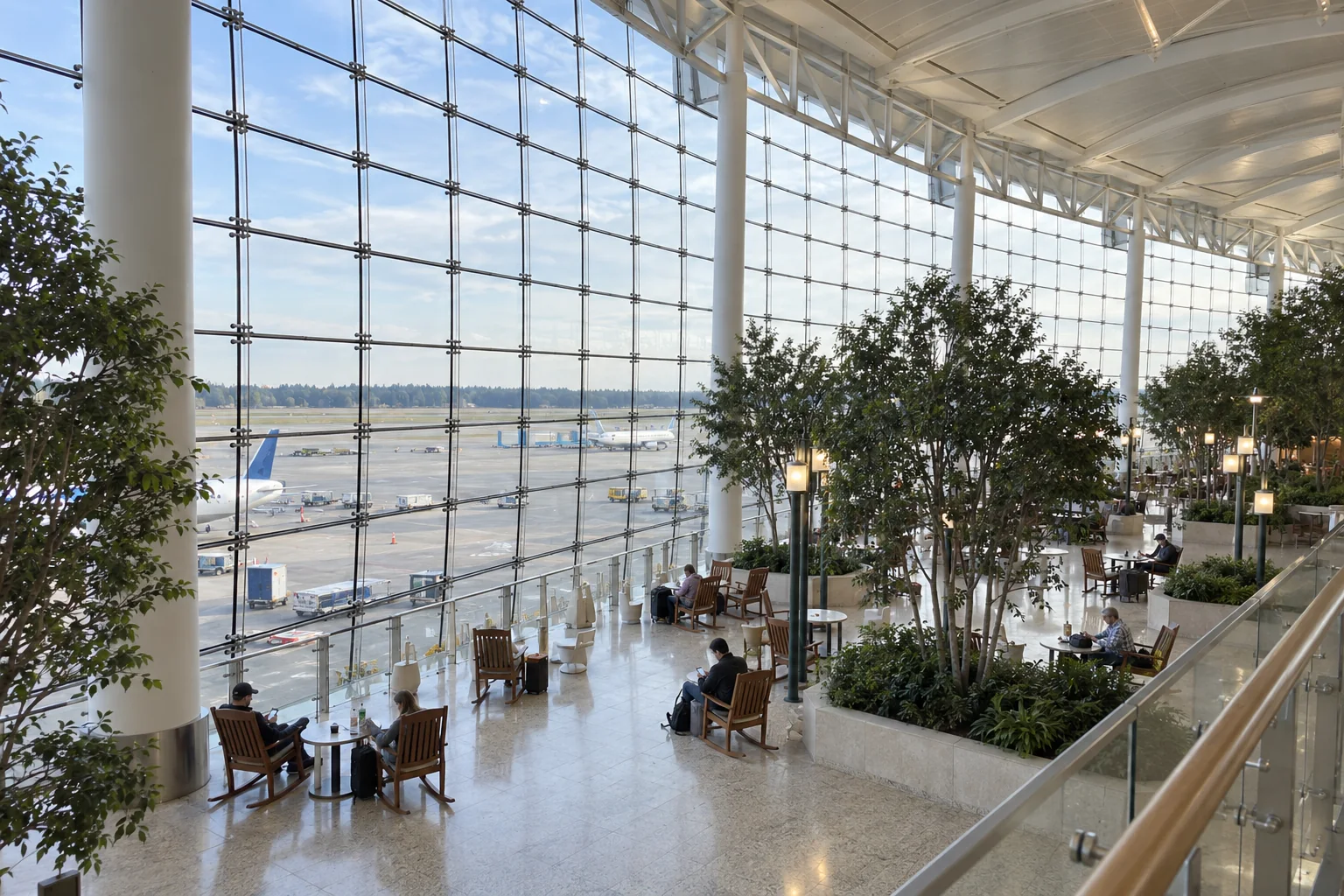 The glass wall and seating of the Central Terminal hall at Seattle-Tacoma airport seen from above.