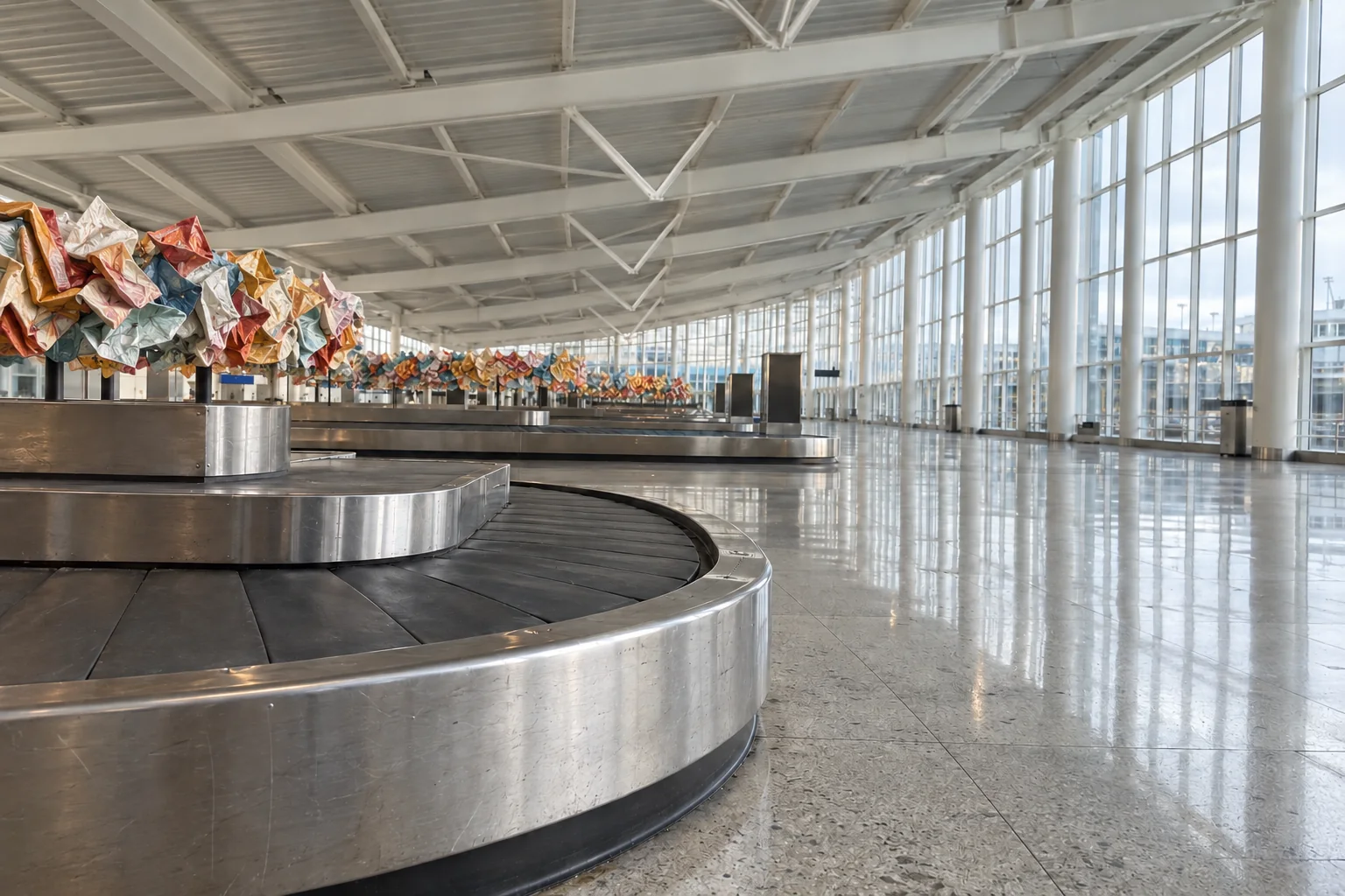 The baggage claim hall at Seattle-Tacoma airport with a row of carousels topped by coloured flower sculptures.