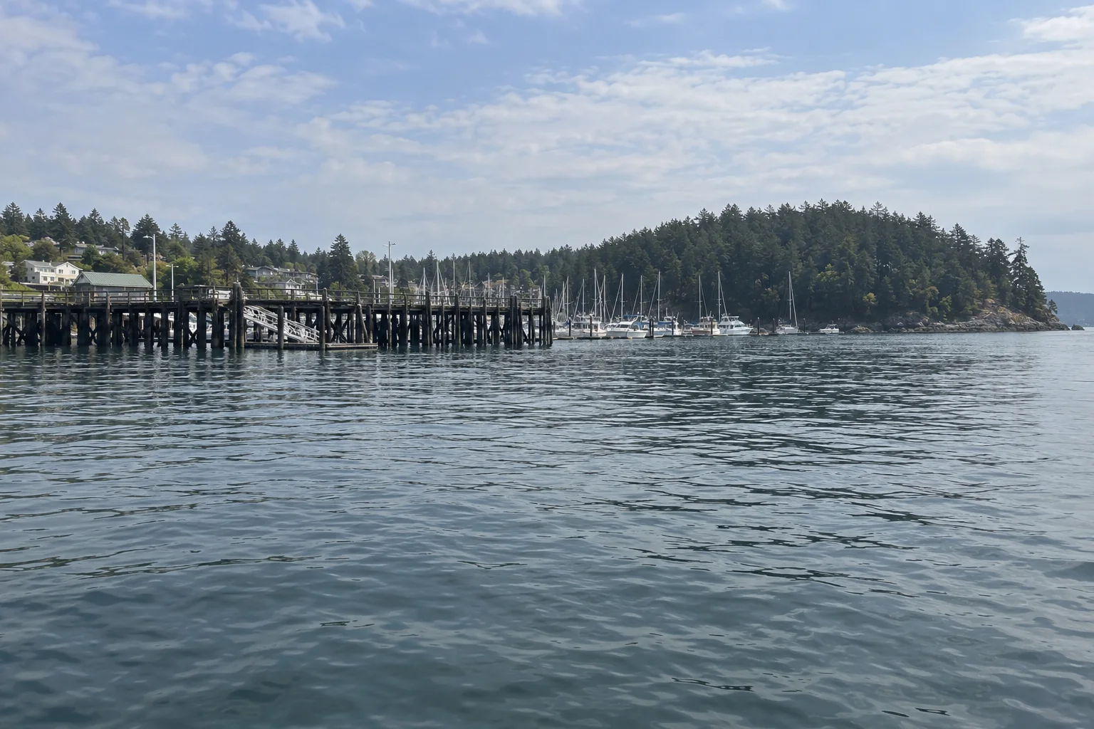 Calm blue water at Friday Harbor with a forested point, a timber pier and distant boat masts.
