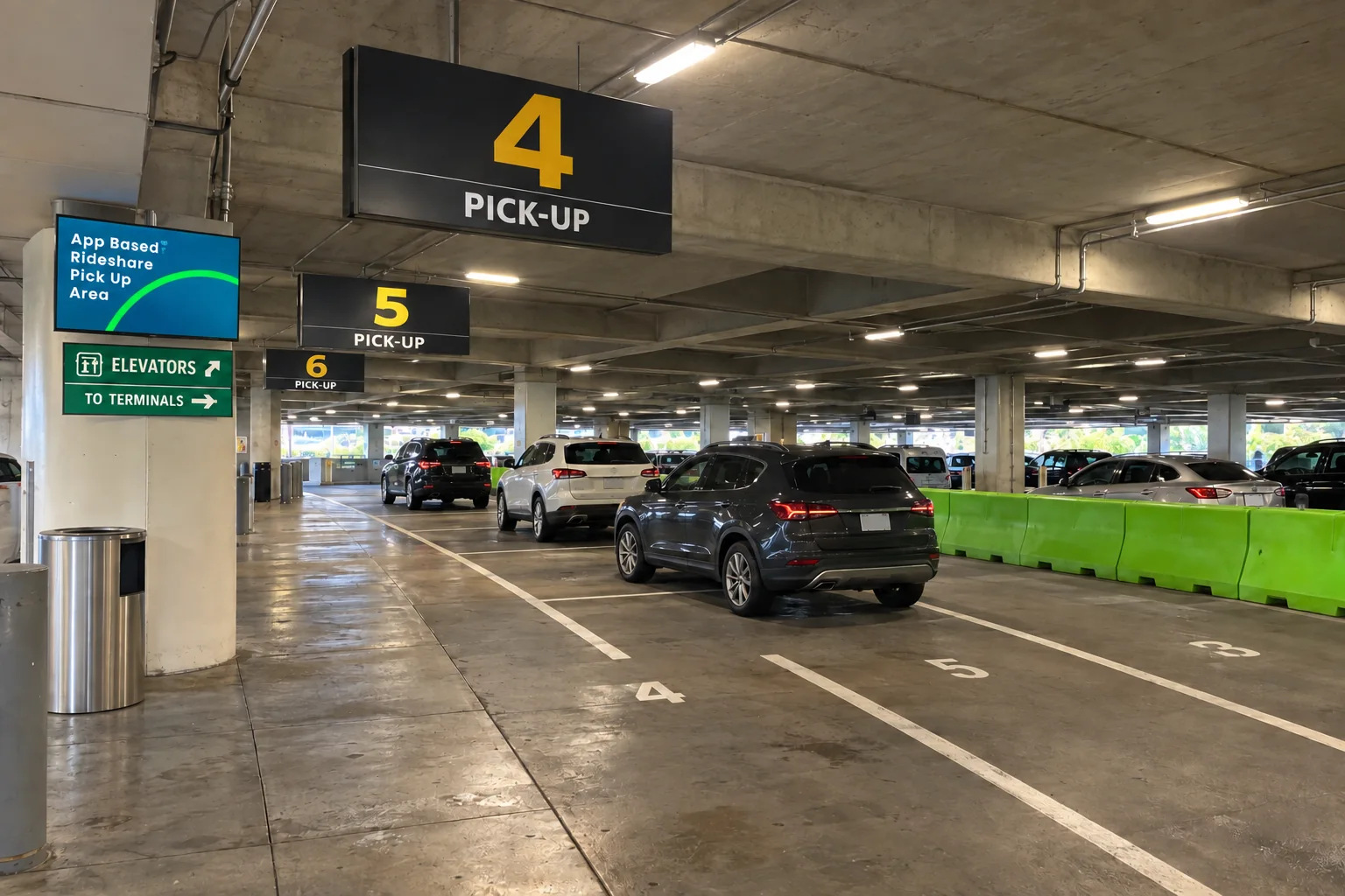 The rideshare pickup area in the garage with Pick-Up 4 and 5 signs and the green barrier.
