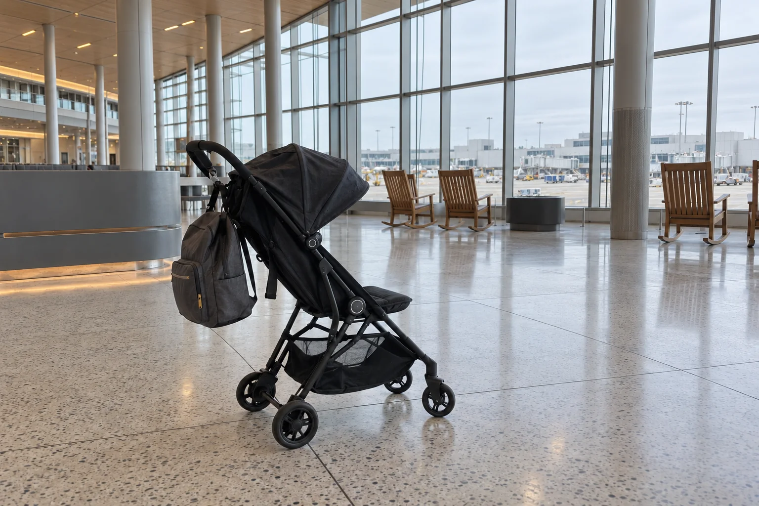 A stroller with a baby bag on the stone floor of the Central Terminal hall at Seattle-Tacoma airport.