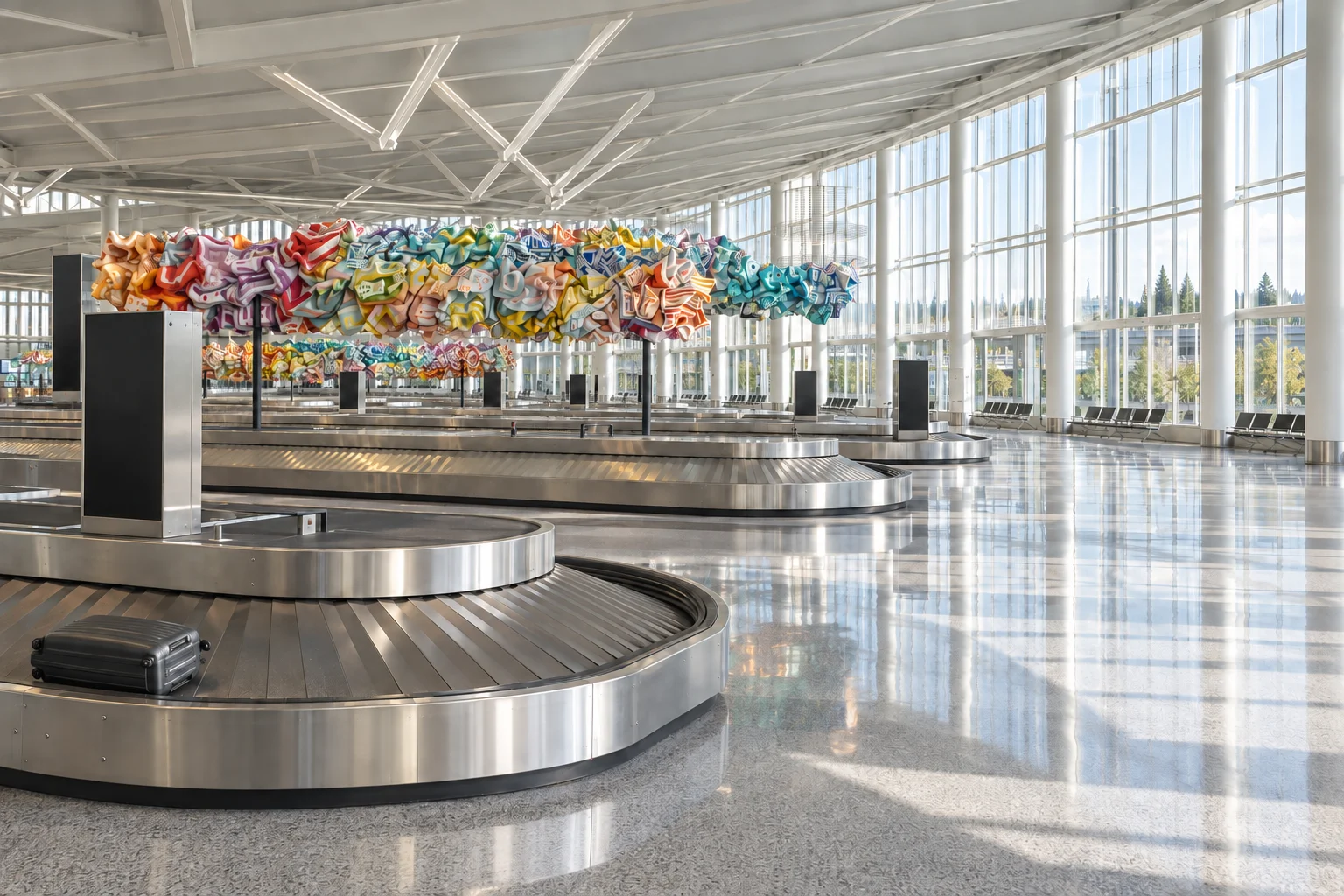 Baggage carousels beneath the suspended textile artwork in SEA’s International Arrivals Facility