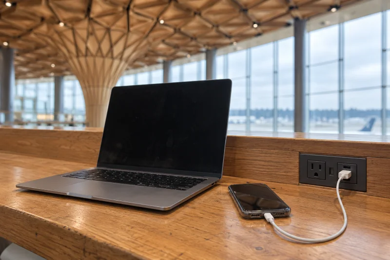 An open laptop and a phone on a charging cable on a timber table at Seattle-Tacoma airport.