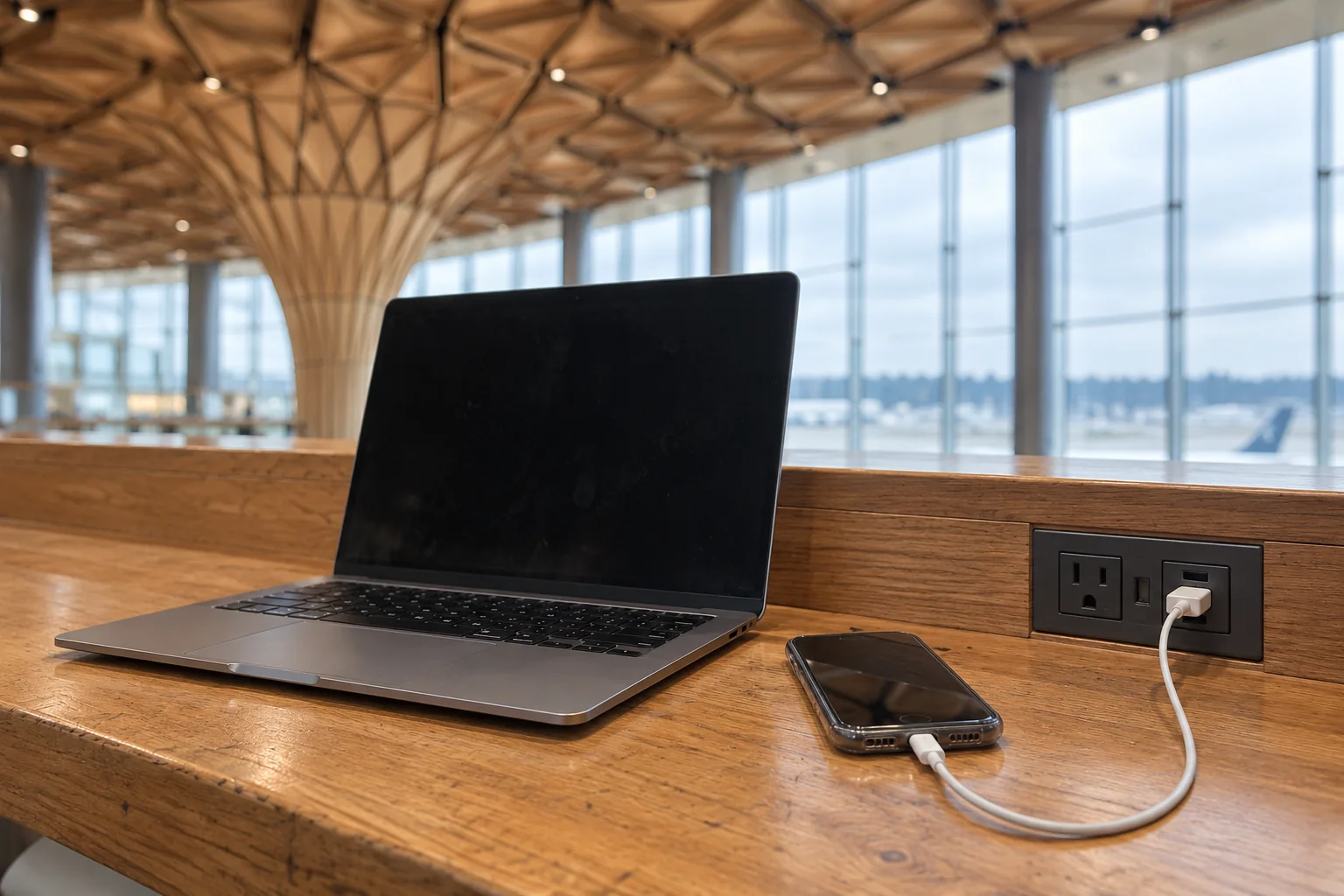 An open laptop and a phone on a charging cable on a timber table at Seattle-Tacoma airport.