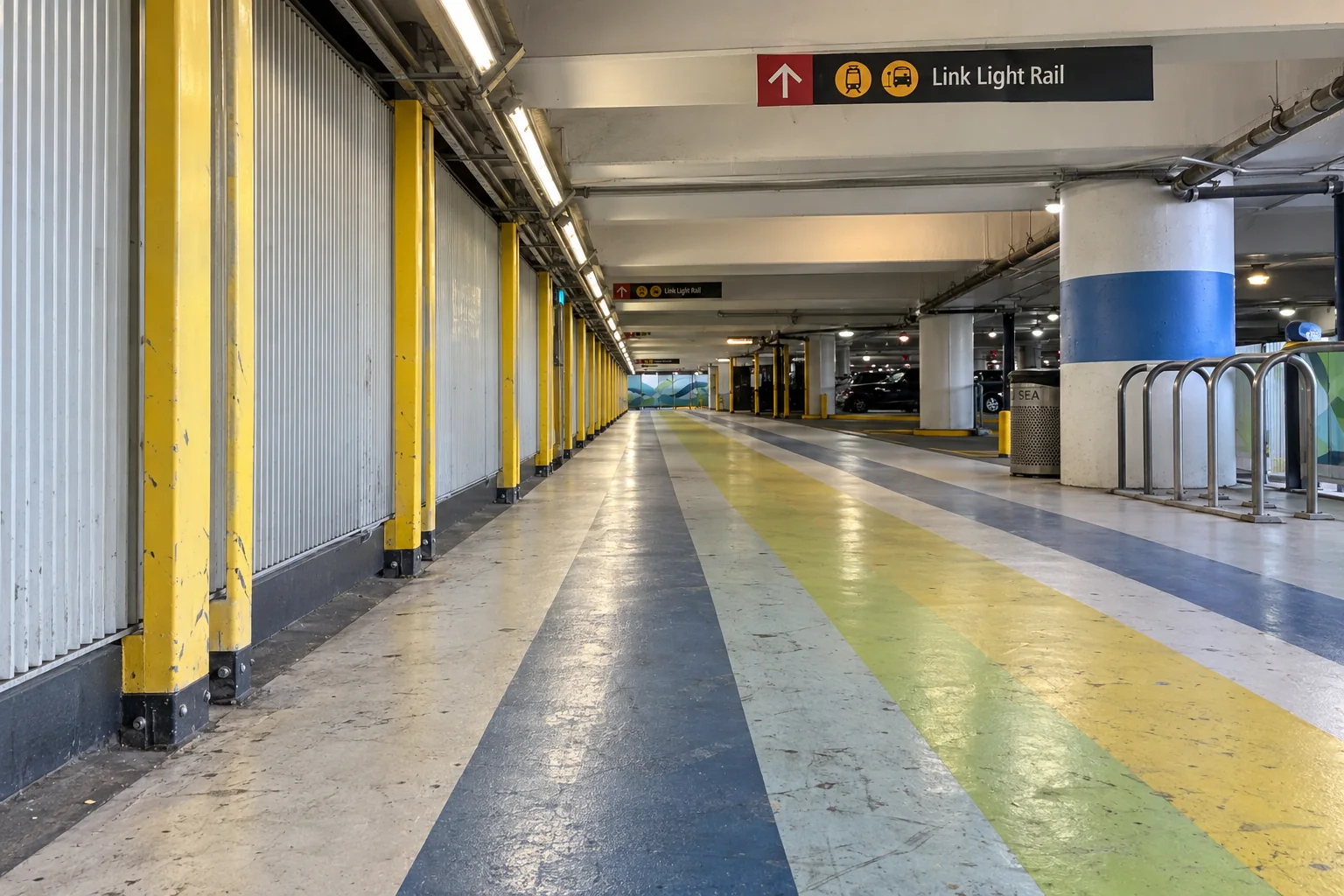 The covered walkway to the Link light rail station seen from the station end, with yellow posts, white panels and coloured floor stripes.