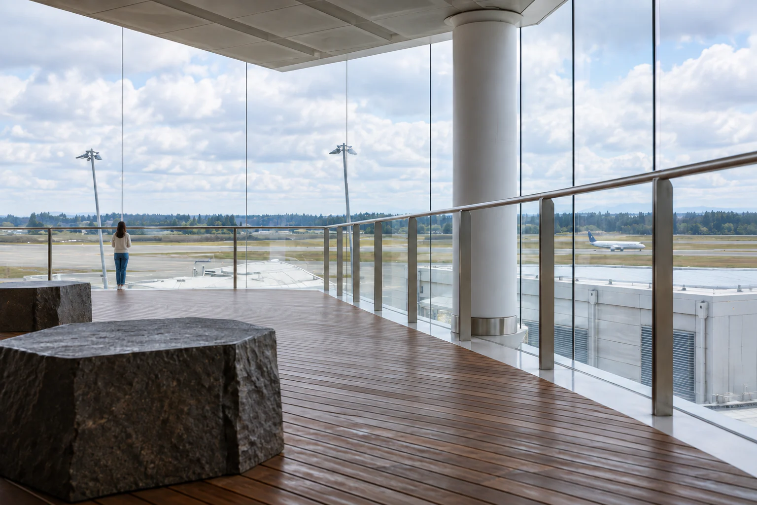 A traveler watching a taxiing aircraft from the covered Lookout at C