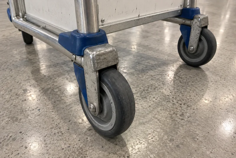 The front wheels of a luggage cart on the pale baggage claim floor at Seattle-Tacoma airport.