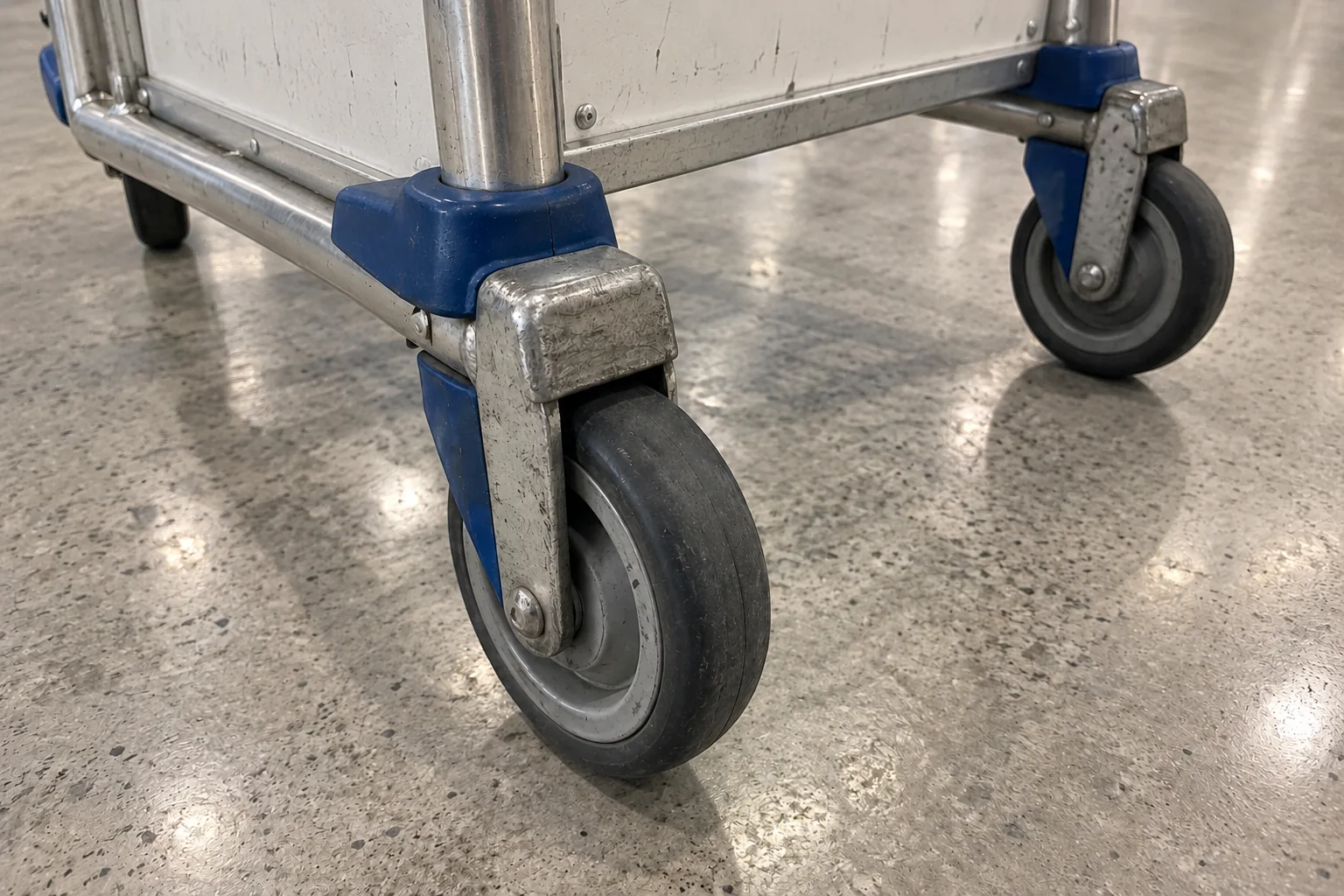 The front wheels of a luggage cart on the pale baggage claim floor at Seattle-Tacoma airport.
