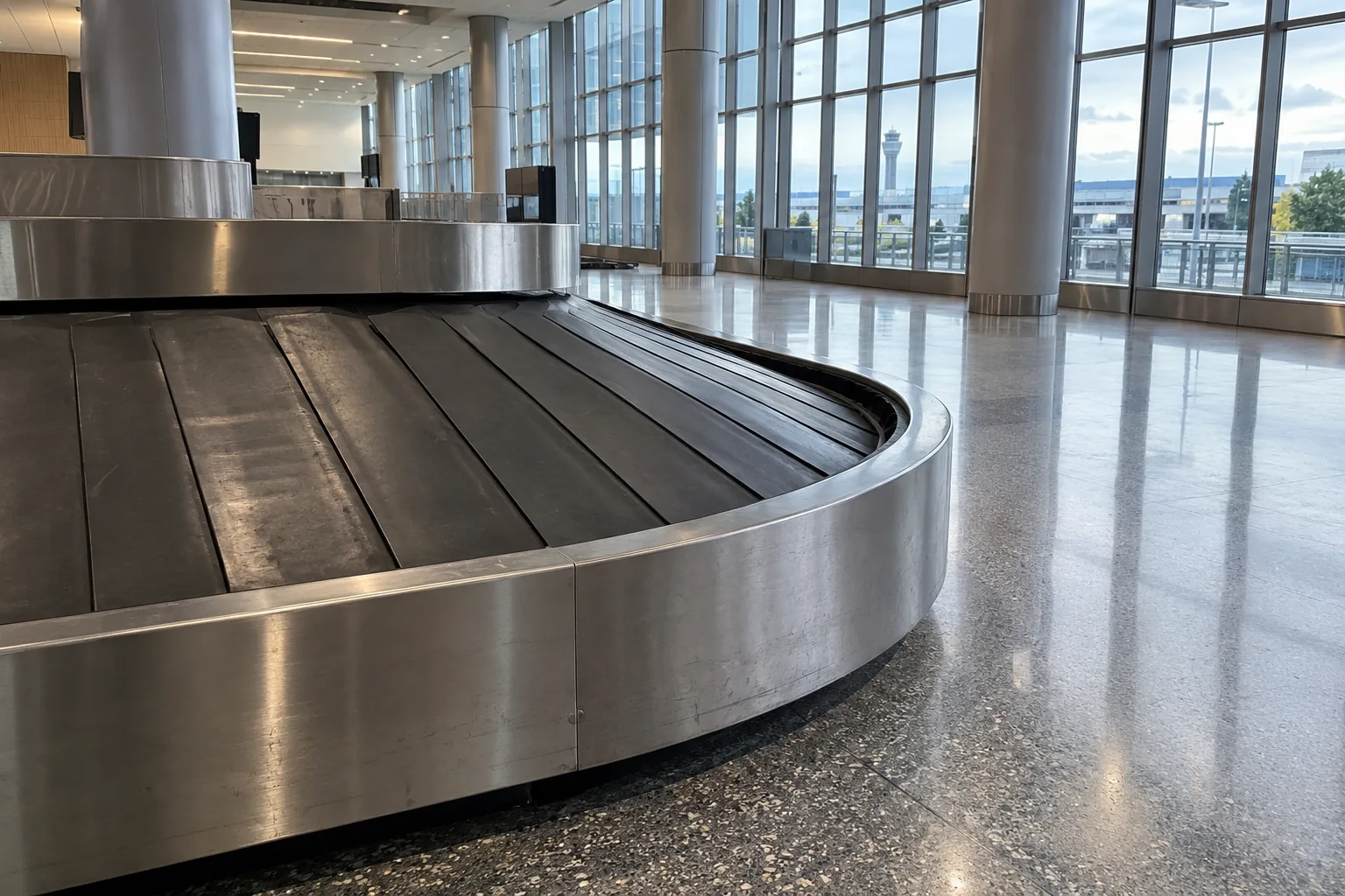 A baggage hall at Seattle-Tacoma airport with carousels and tall glass walls.