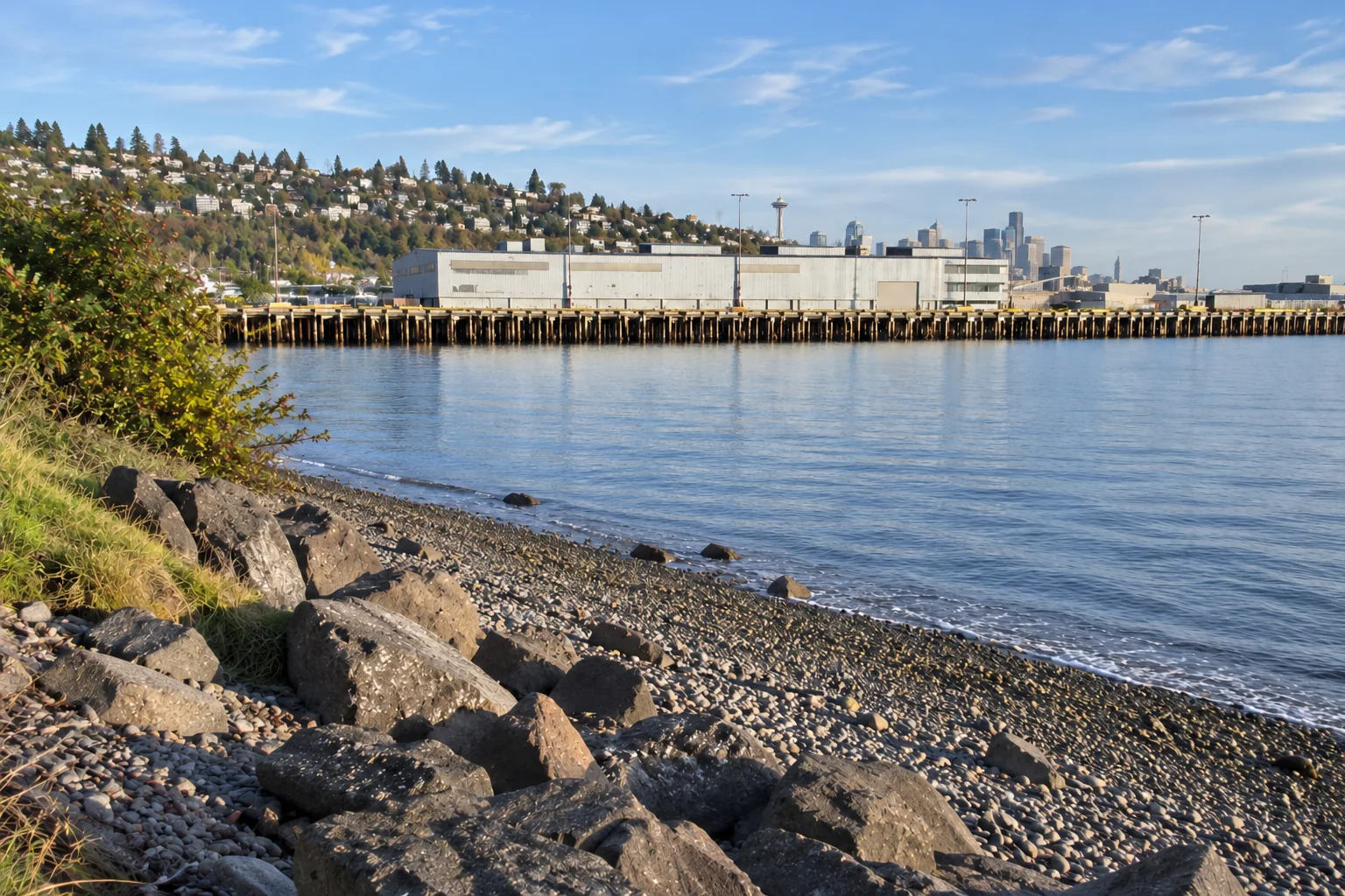 Pebbles and rocks on the Smith Cove shore in Seattle with a long timber pier and a hillside across the calm water.