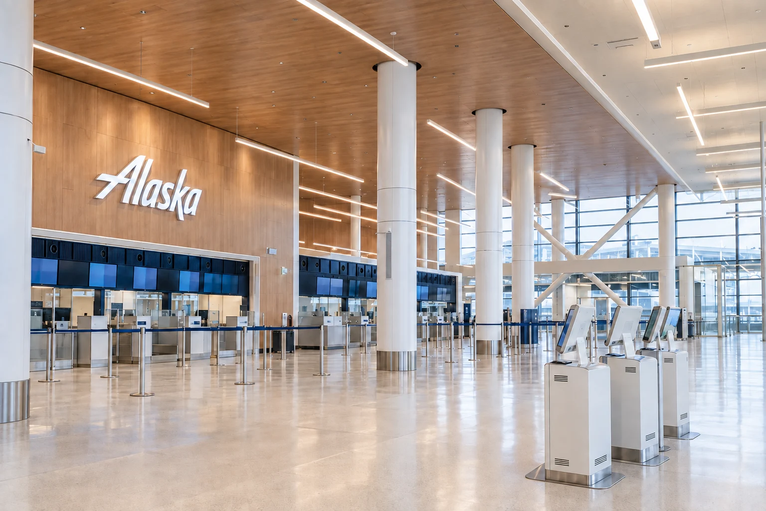 The completed north ticketing hall and Alaska check-in area at Seattle-Tacoma International Airport