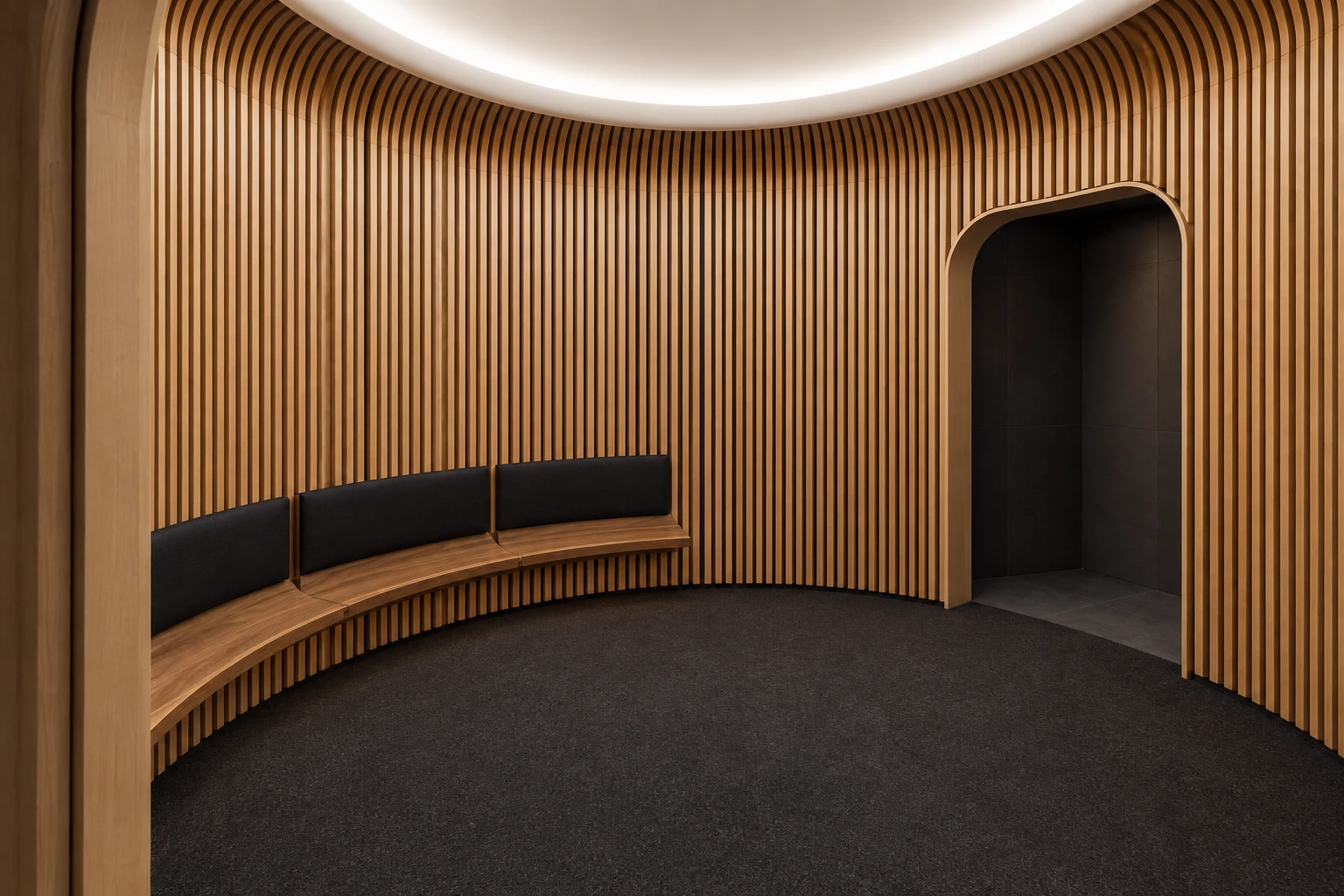 Curved wood seating inside SEA’s C Concourse prayer and meditation room