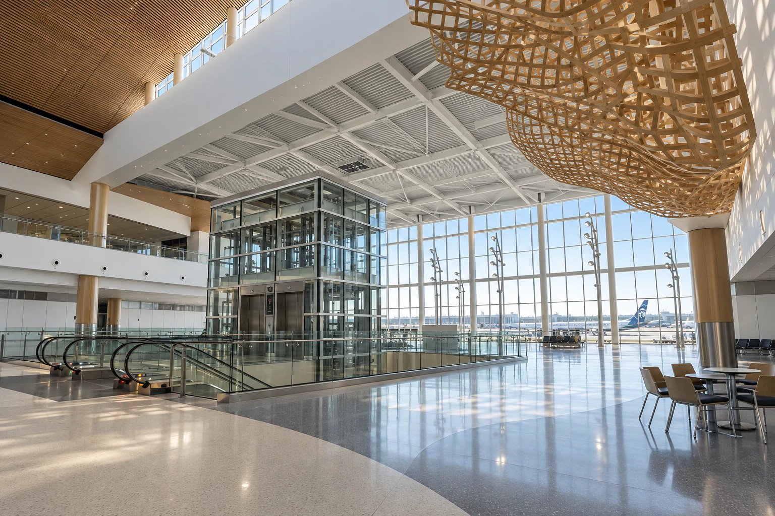 The woven Boundary sculpture, glass elevator and airfield windows in SEA’s N Concourse