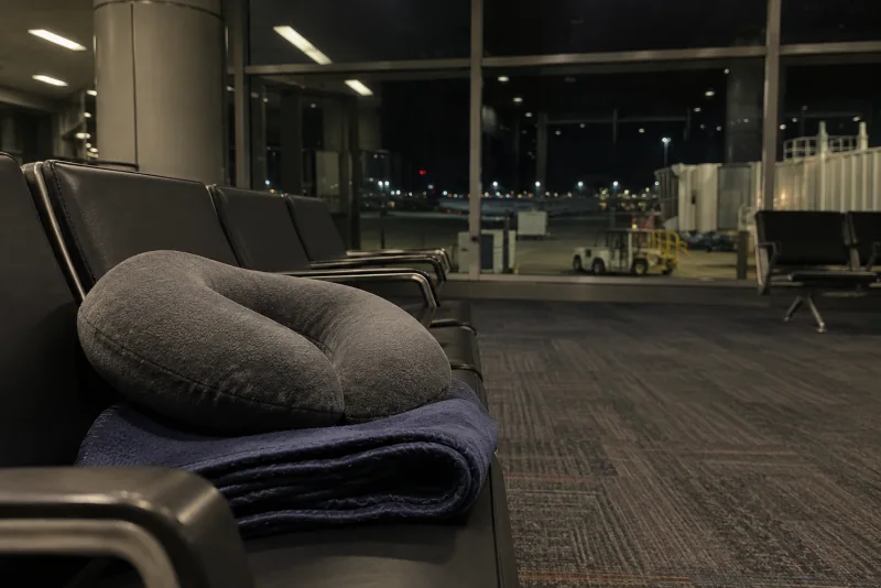 A travel pillow and a folded blanket on empty gate seats at night at Seattle-Tacoma airport.