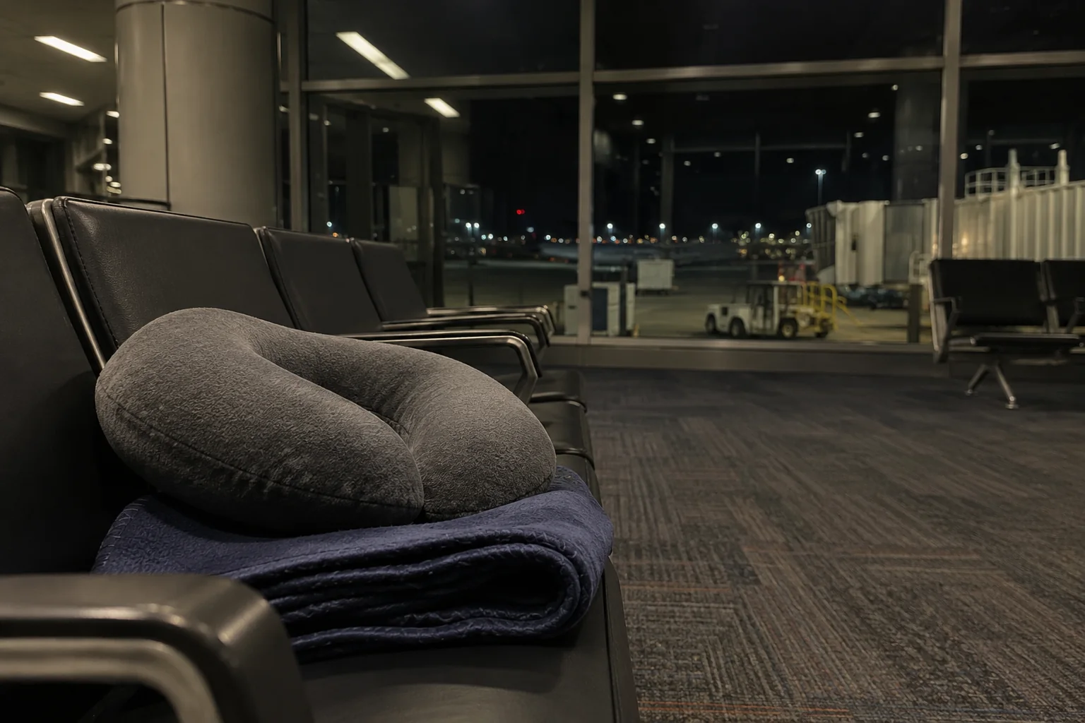 A travel pillow and a folded blanket on empty gate seats at night at Seattle-Tacoma airport.