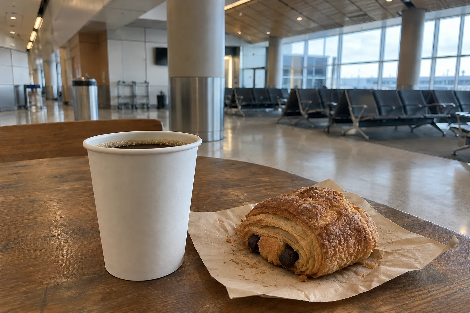 A paper cup of coffee and a pastry on a timber table in the North Satellite at Seattle-Tacoma airport.