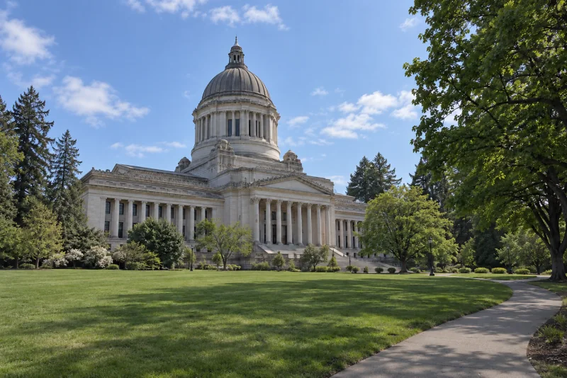 The Washington State Capitol dome and colonnade across the lawn in Olympia.