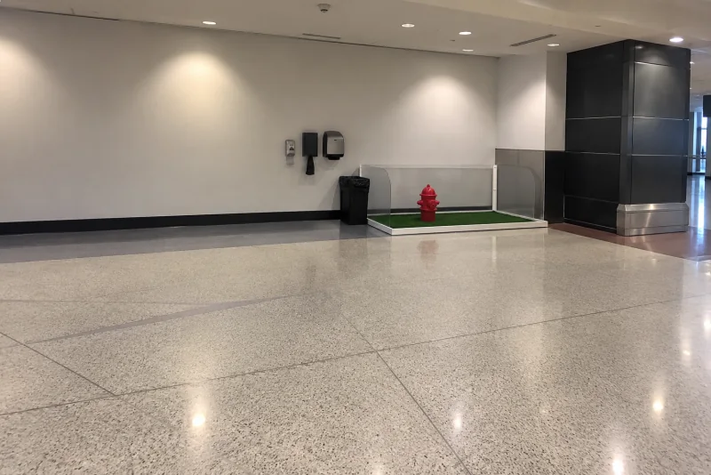 A small artificial grass pet relief patch with a red hydrant against a white wall on a Seattle-Tacoma airport concourse.