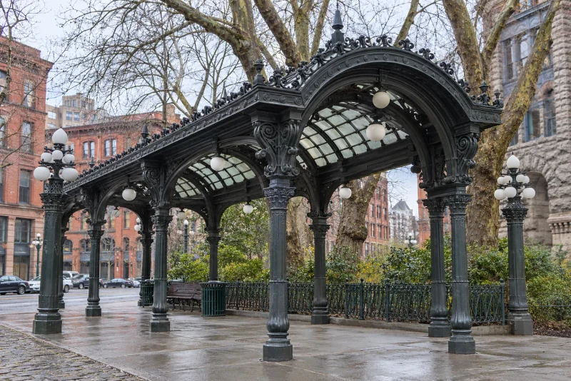 The iron pergola in Pioneer Square in Seattle